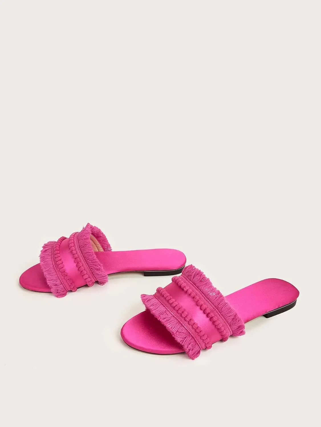 OYOANGLE Women's Fringe Trim Satin Open Toe Flat Slide Sandals Summer Casual Slip on Dressy Sandals