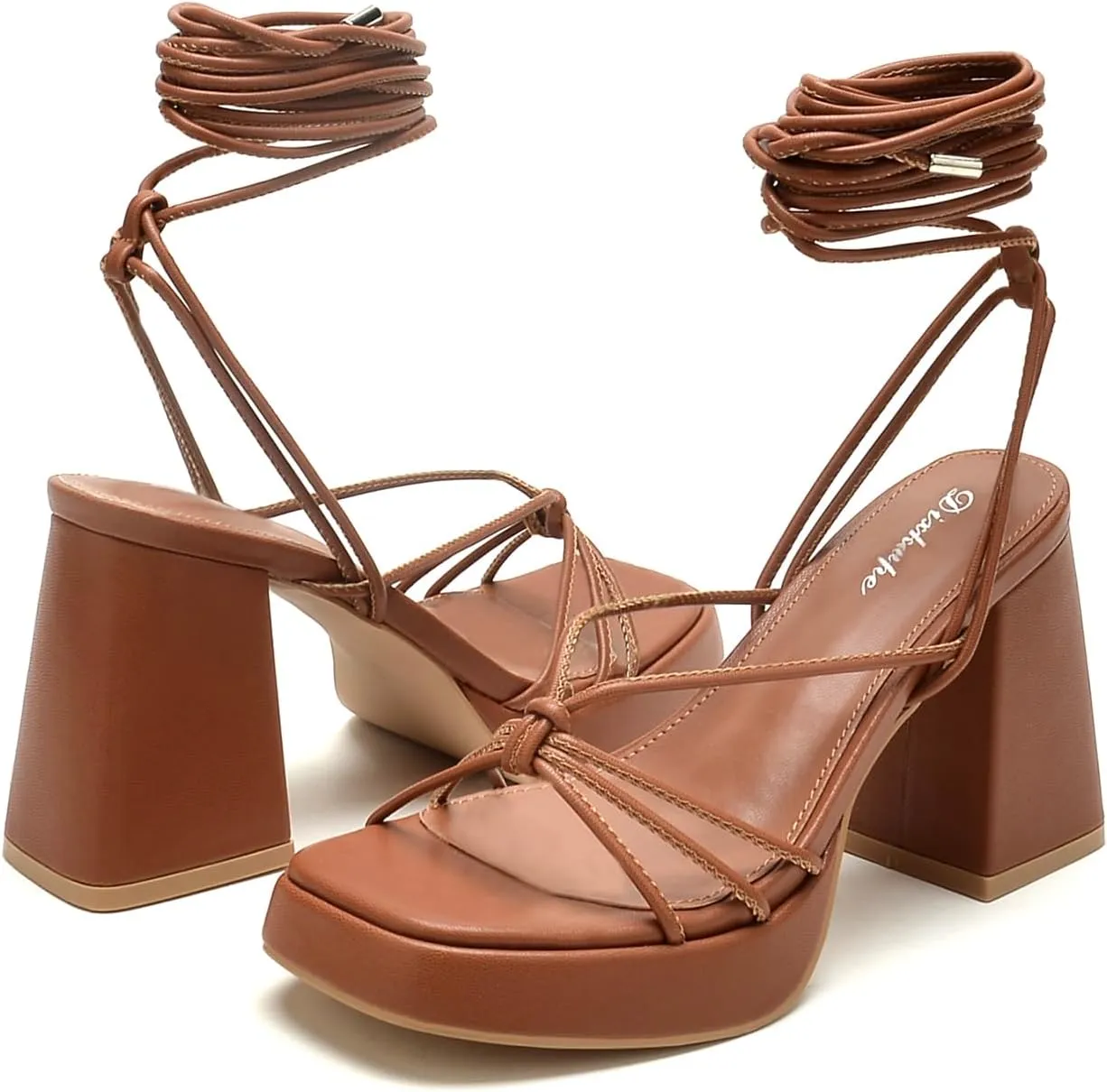 Platform Strappy Heels For Women 3.5 Inch Strappy Heeled Sandals Lace Up Square Open Toe Chunky Blcok Sandals Shoes For Party Prom Date Sandal Heels For Women