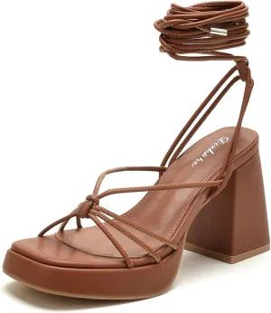 Platform Strappy Heels For Women 3.5 Inch Strappy Heeled Sandals Lace Up Square Open Toe Chunky Blcok Sandals Shoes For Party Prom Date Sandal Heels For Women