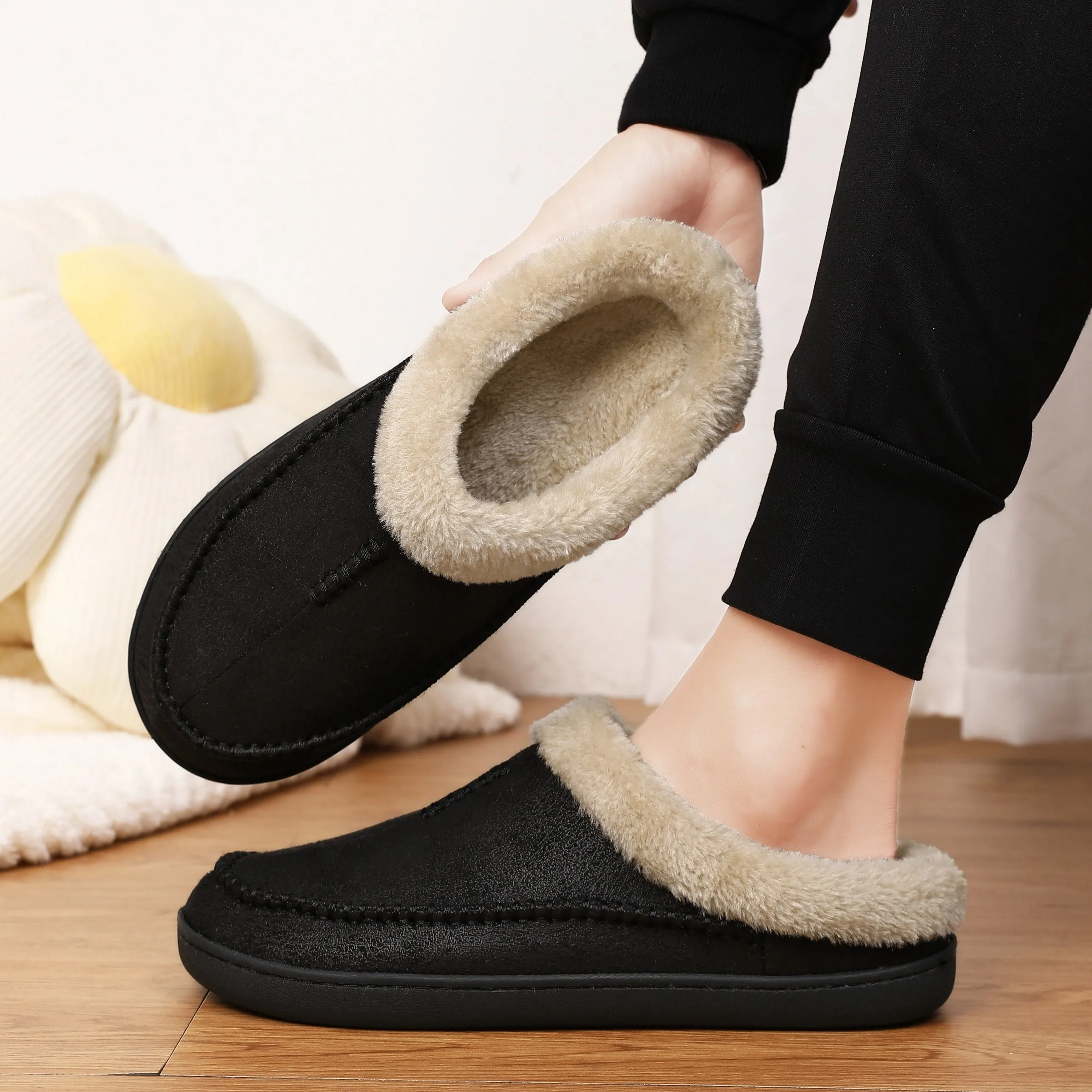 Plus Size Men's Warm Cozy Slides, Comfortable Fuzzy Soft Slippers, Plush Comfy Non-slip Home Shoes For Indoor Outdoor Bedroom, Winter