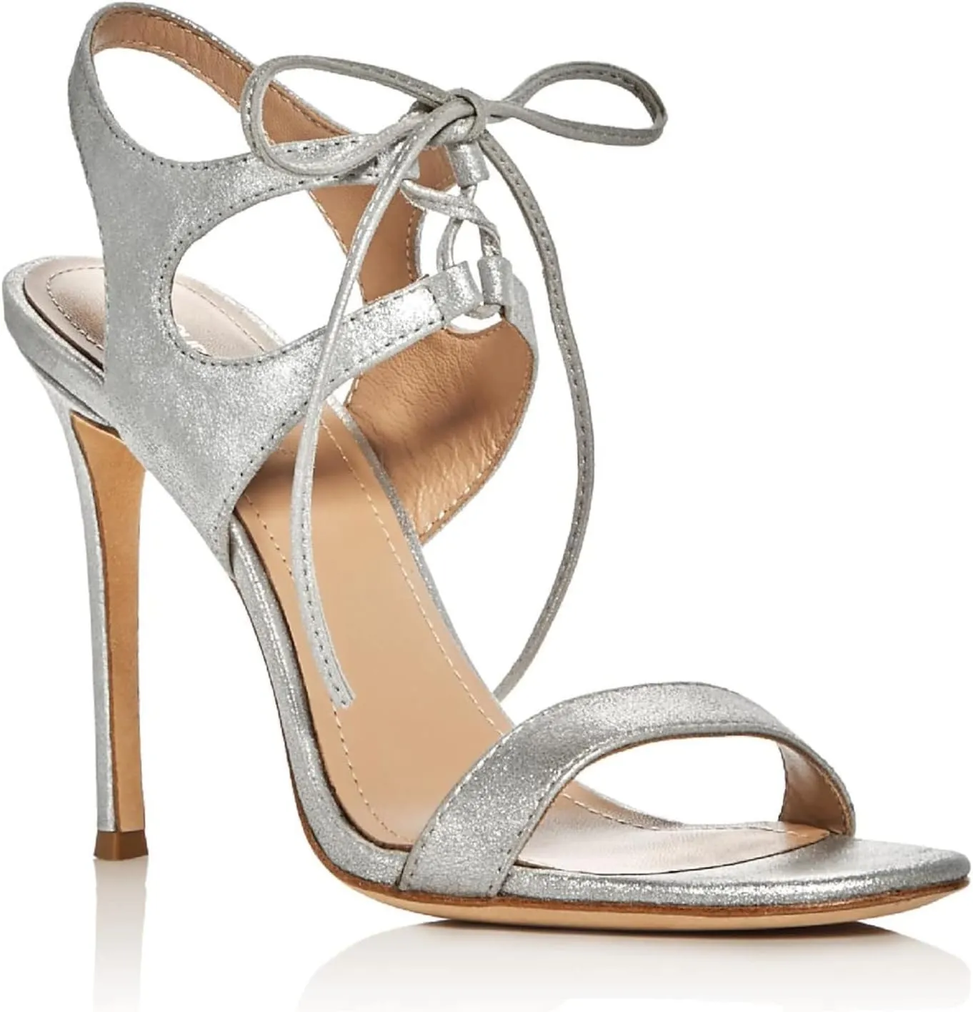 POUR LA VICTOIRE Womens Silver Strappy Padded Elisa Round Toe Stiletto Lace-Up Leather Heeled Sandal 11