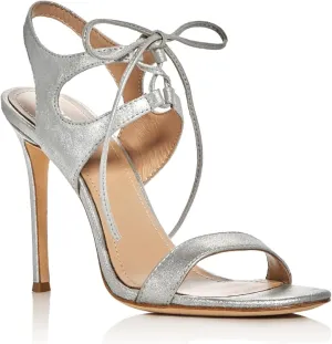 POUR LA VICTOIRE Womens Silver Strappy Padded Elisa Round Toe Stiletto Lace-Up Leather Heeled Sandal 11