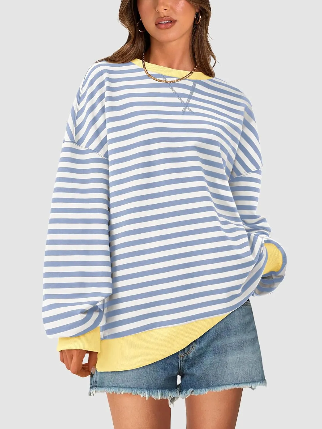 PRETTYGARDEN Womens Striped Oversized Sweatshirt Color Block Crew Neck Long Sleeve Casual Loose Pullover Top Y2K Clothes