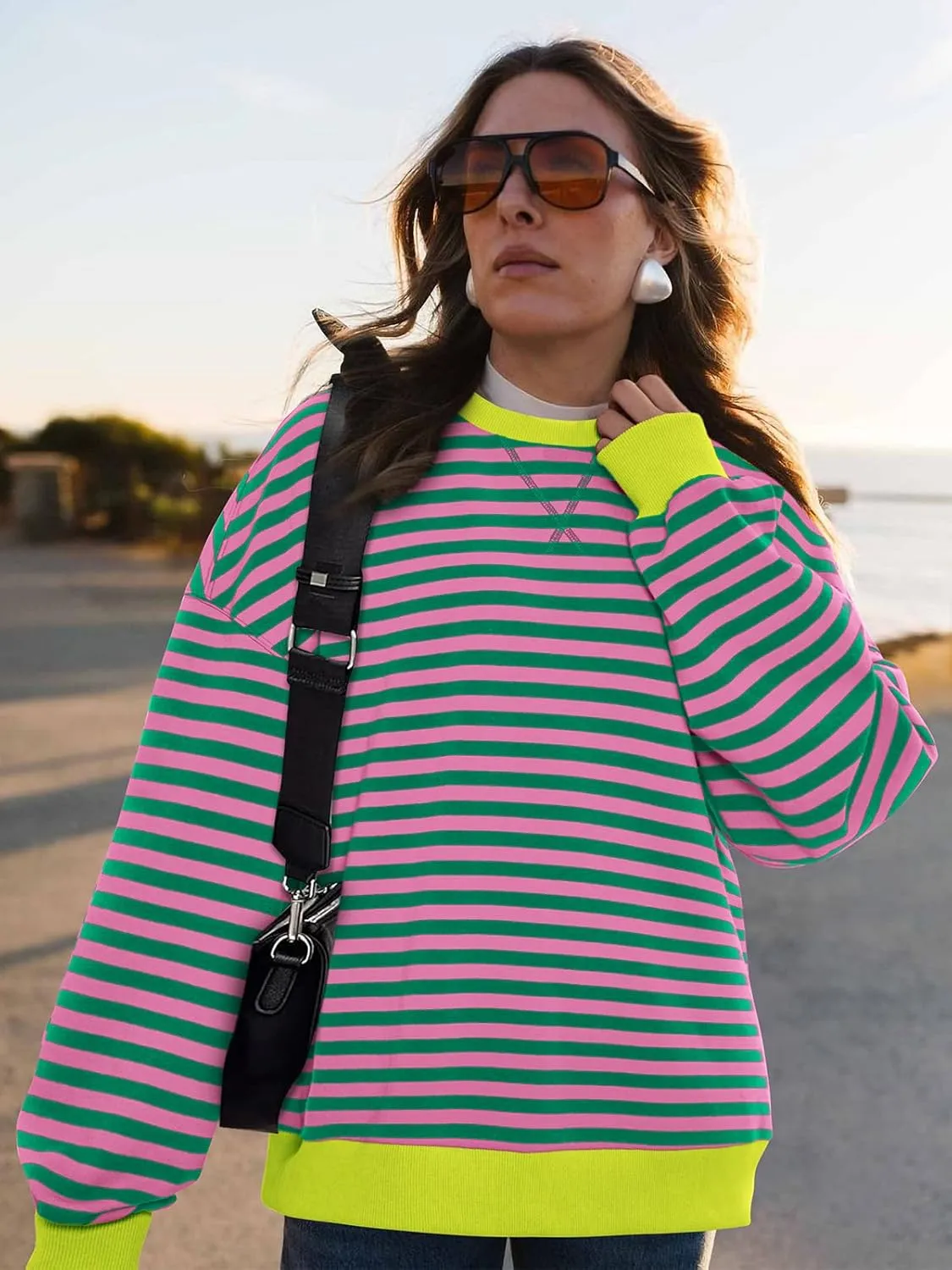PRETTYGARDEN Womens Striped Oversized Sweatshirt Color Block Crew Neck Long Sleeve Casual Loose Pullover Top Y2K Clothes