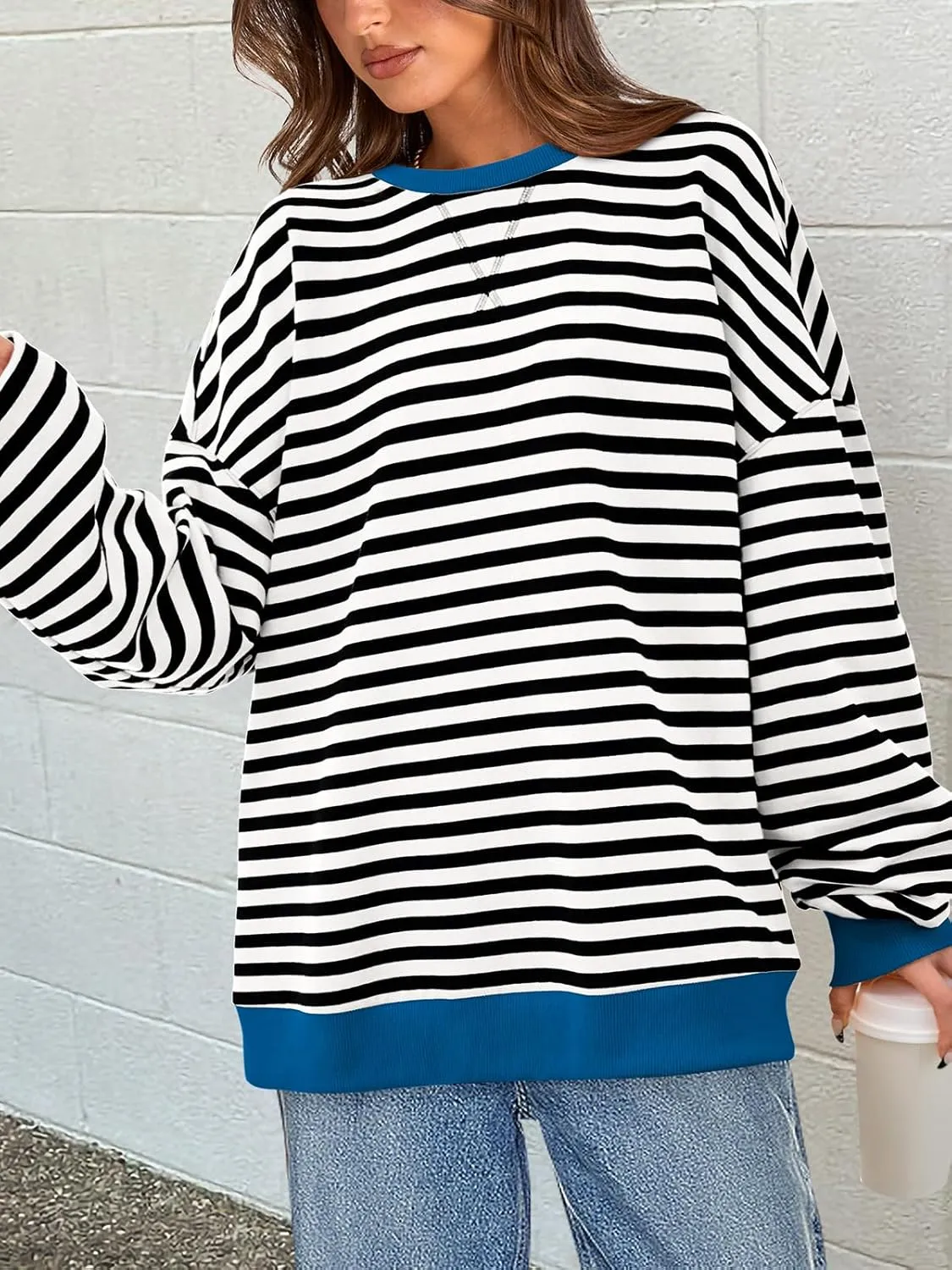 PRETTYGARDEN Womens Striped Oversized Sweatshirt Color Block Crew Neck Long Sleeve Casual Loose Pullover Top Y2K Clothes