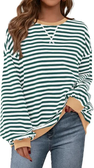 PRETTYGARDEN Womens Striped Oversized Sweatshirt Color Block Crew Neck Long Sleeve Casual Loose Pullover Top Y2K Clothes