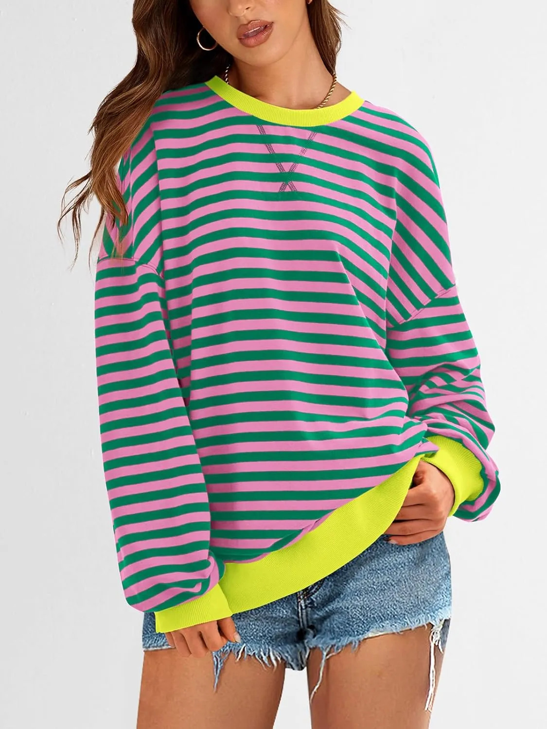 PRETTYGARDEN Womens Striped Oversized Sweatshirt Color Block Crew Neck Long Sleeve Casual Loose Pullover Top Y2K Clothes