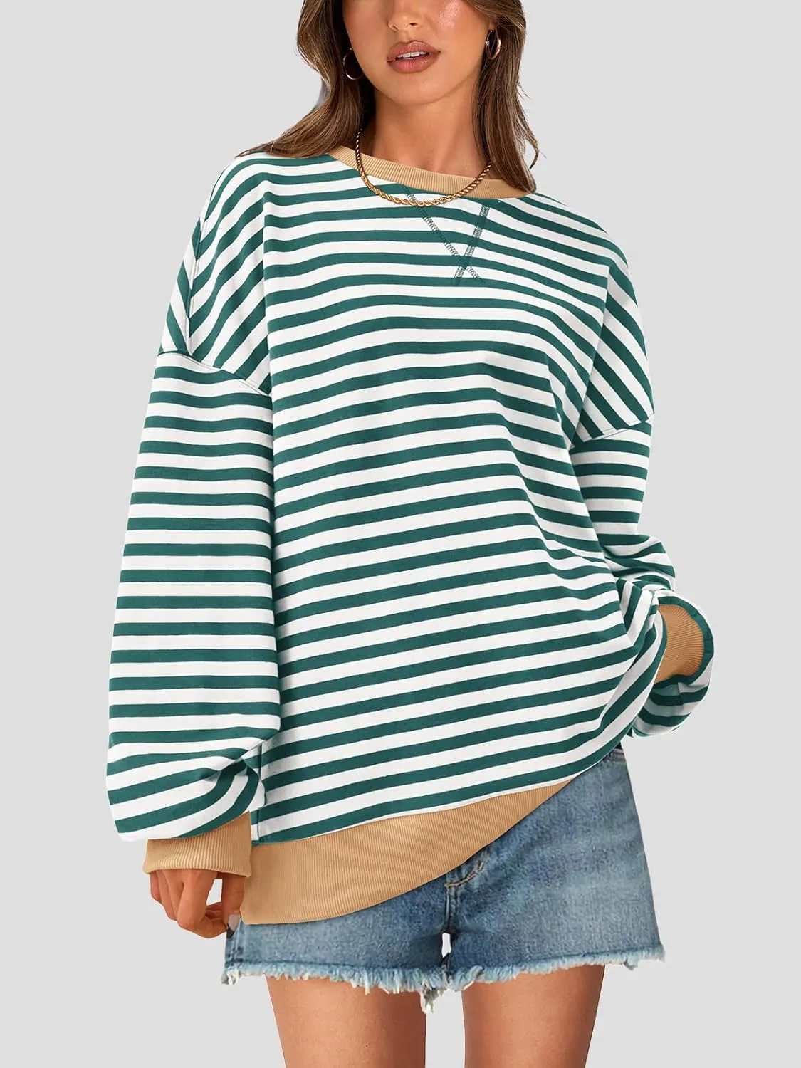 PRETTYGARDEN Womens Striped Oversized Sweatshirt Color Block Crew Neck Long Sleeve Casual Loose Pullover Top Y2K Clothes
