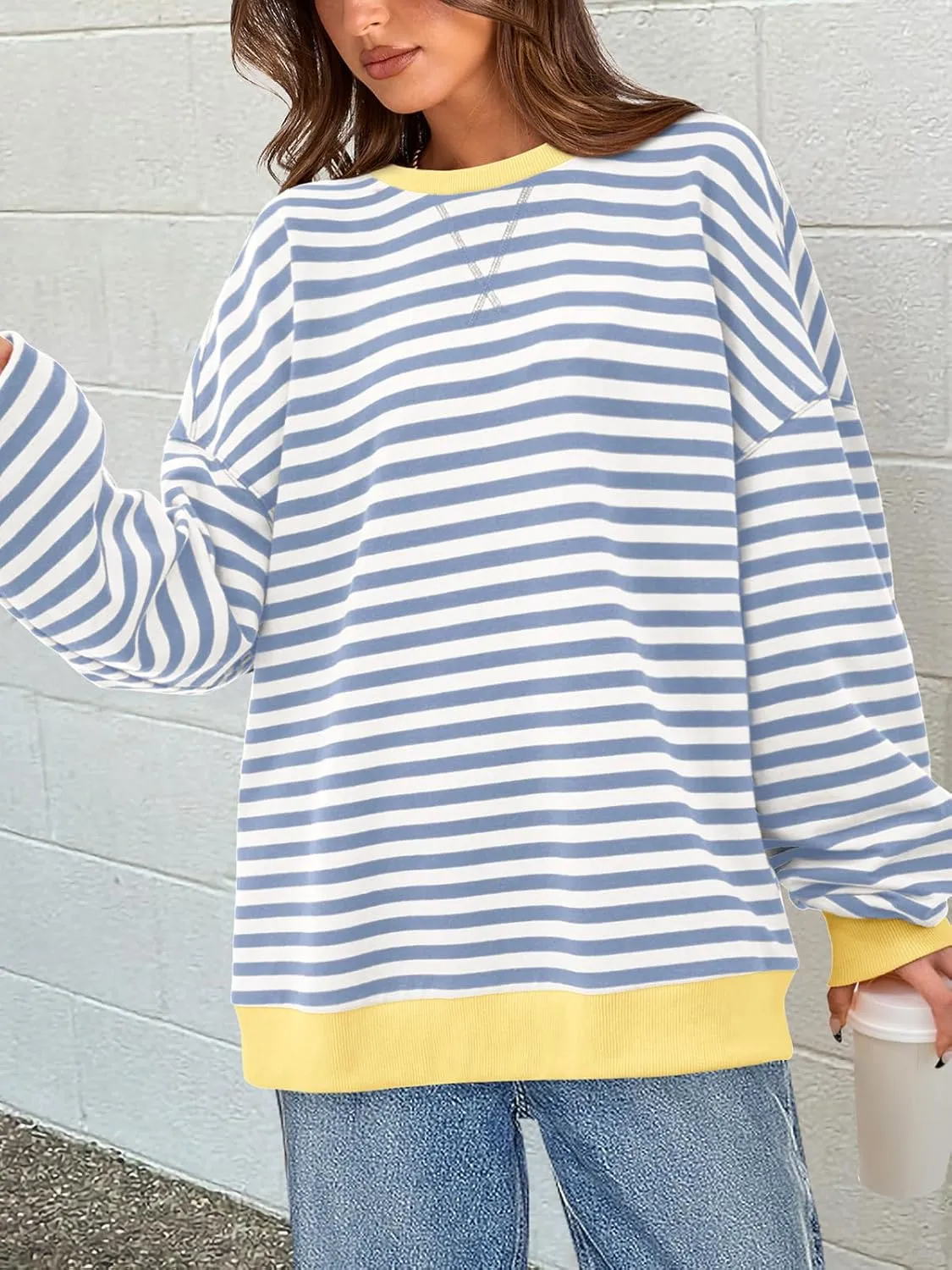 PRETTYGARDEN Womens Striped Oversized Sweatshirt Color Block Crew Neck Long Sleeve Casual Loose Pullover Top Y2K Clothes