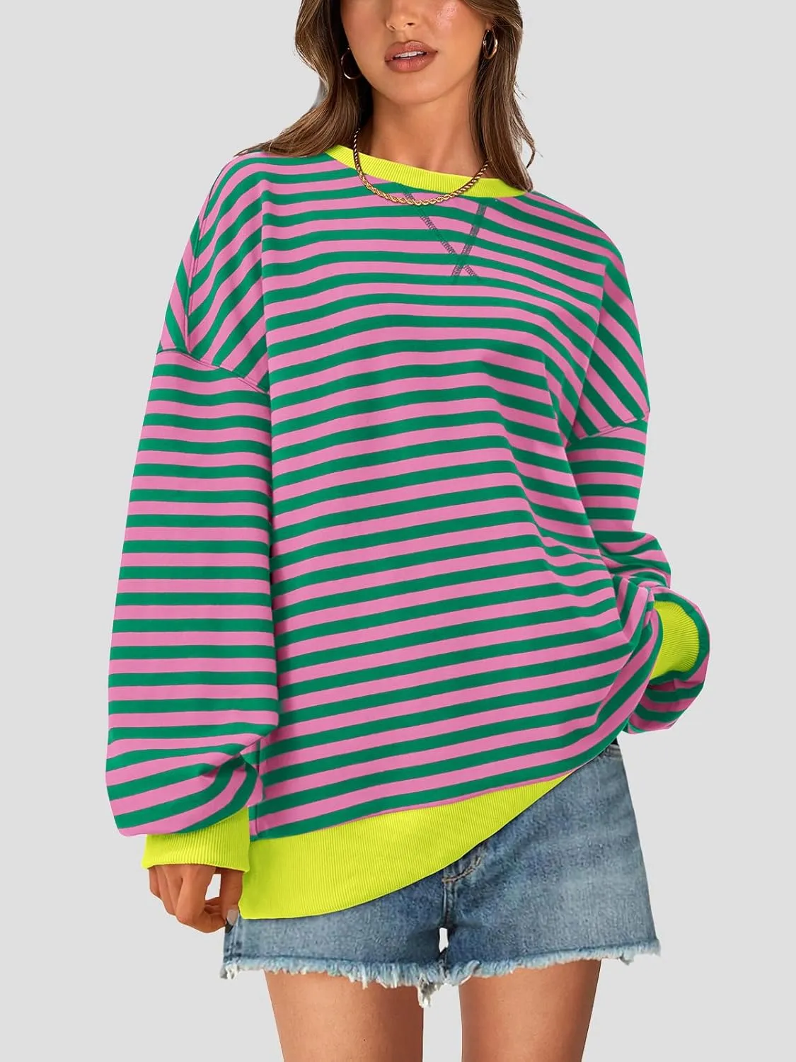 PRETTYGARDEN Womens Striped Oversized Sweatshirt Color Block Crew Neck Long Sleeve Casual Loose Pullover Top Y2K Clothes