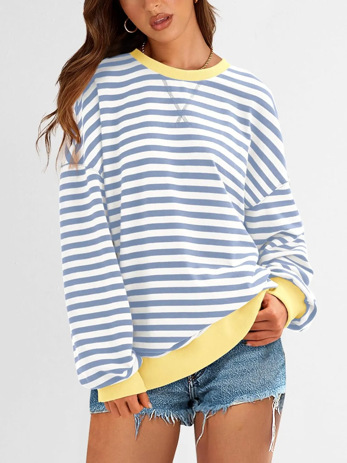 PRETTYGARDEN Womens Striped Oversized Sweatshirt Color Block Crew Neck Long Sleeve Casual Loose Pullover Top Y2K Clothes