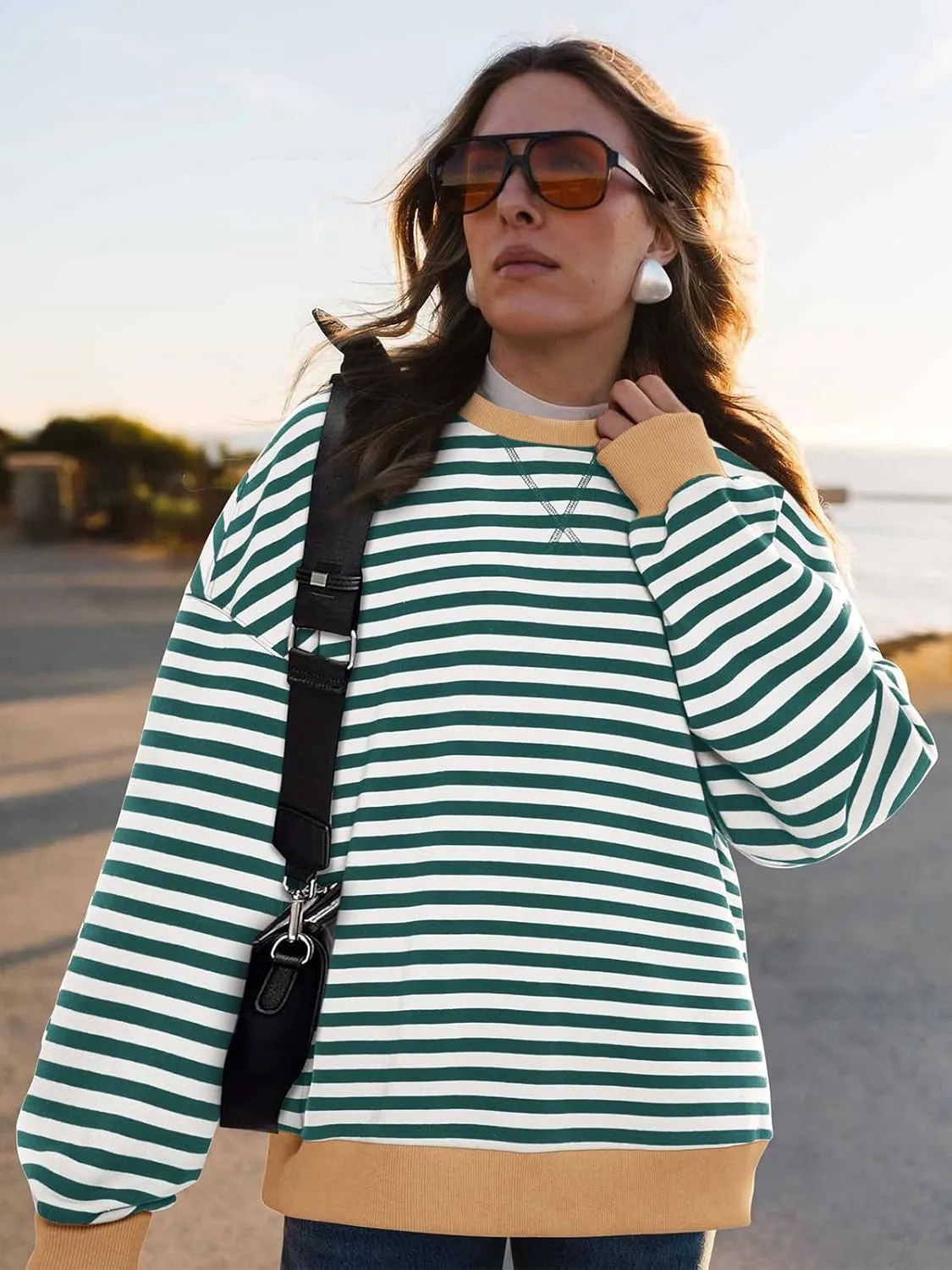 PRETTYGARDEN Womens Striped Oversized Sweatshirt Color Block Crew Neck Long Sleeve Casual Loose Pullover Top Y2K Clothes