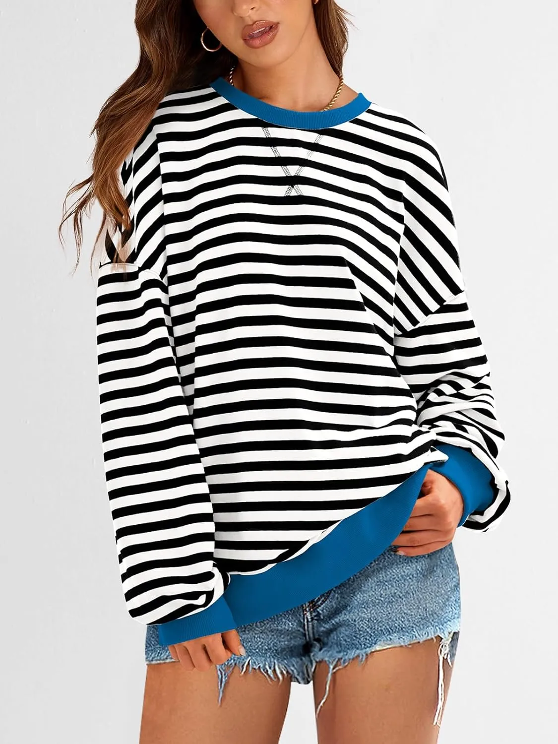 PRETTYGARDEN Womens Striped Oversized Sweatshirt Color Block Crew Neck Long Sleeve Casual Loose Pullover Top Y2K Clothes