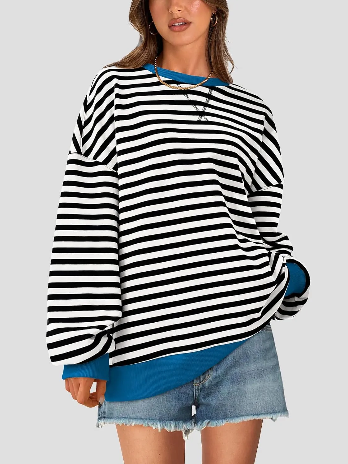 PRETTYGARDEN Womens Striped Oversized Sweatshirt Color Block Crew Neck Long Sleeve Casual Loose Pullover Top Y2K Clothes
