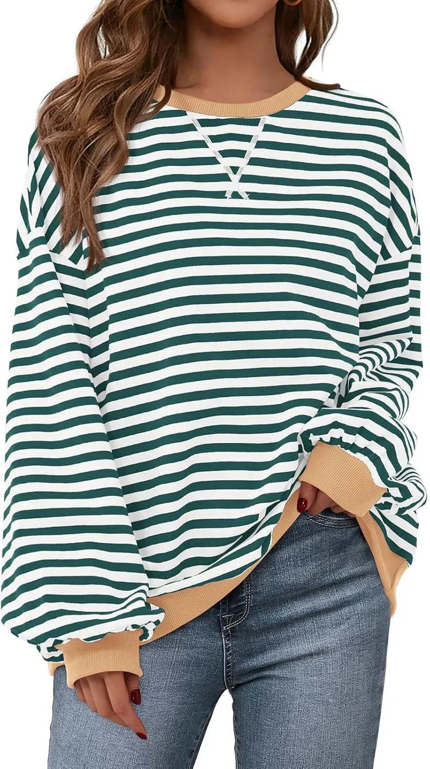PRETTYGARDEN Womens Striped Oversized Sweatshirt Color Block Crew Neck Long Sleeve Casual Loose Pullover Top Y2K Clothes