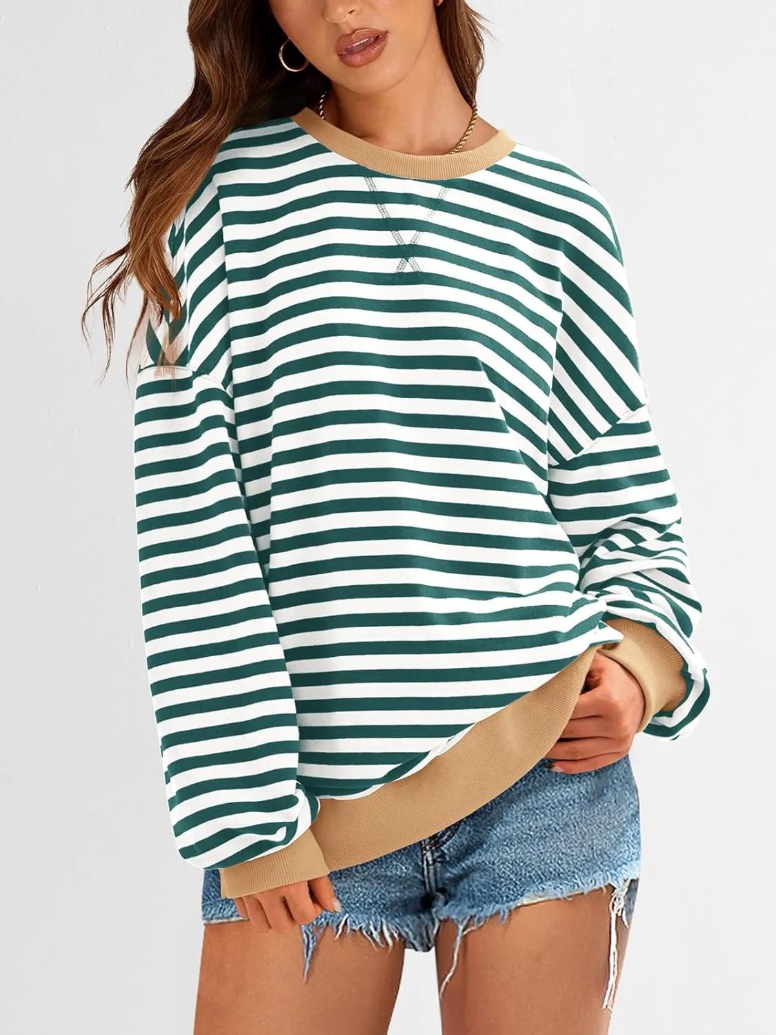 PRETTYGARDEN Womens Striped Oversized Sweatshirt Color Block Crew Neck Long Sleeve Casual Loose Pullover Top Y2K Clothes