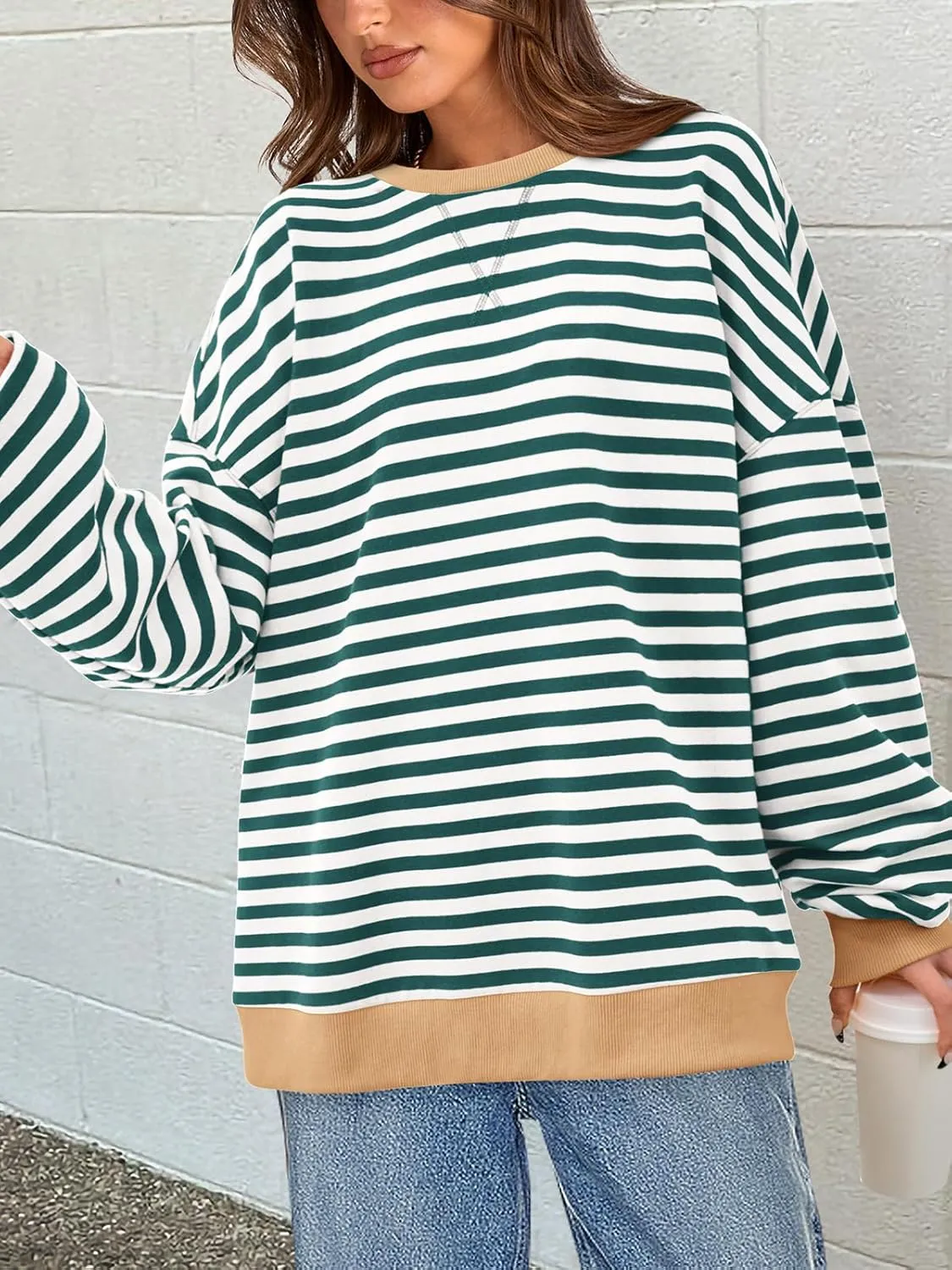 PRETTYGARDEN Womens Striped Oversized Sweatshirt Color Block Crew Neck Long Sleeve Casual Loose Pullover Top Y2K Clothes