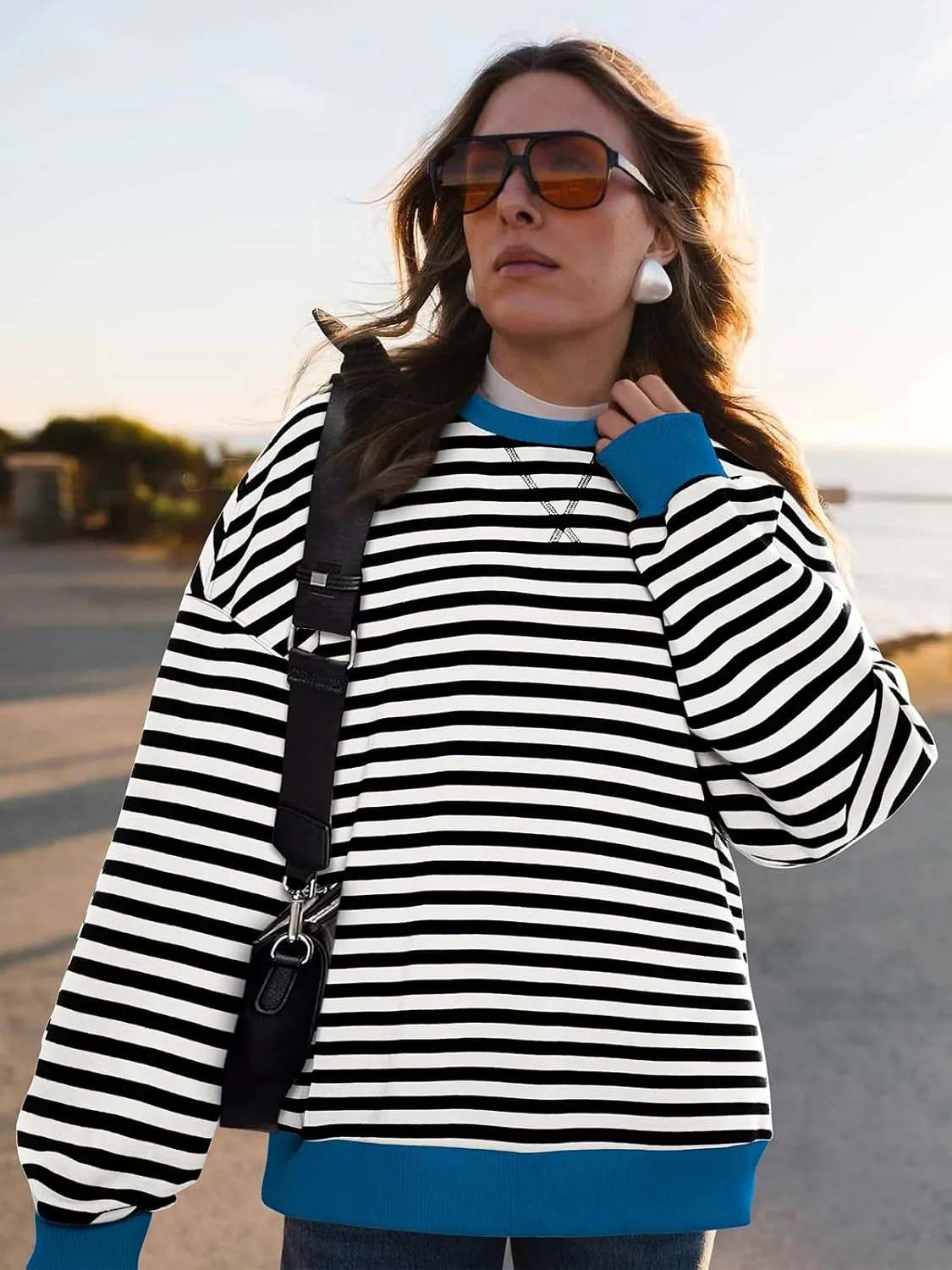 PRETTYGARDEN Womens Striped Oversized Sweatshirt Color Block Crew Neck Long Sleeve Casual Loose Pullover Top Y2K Clothes