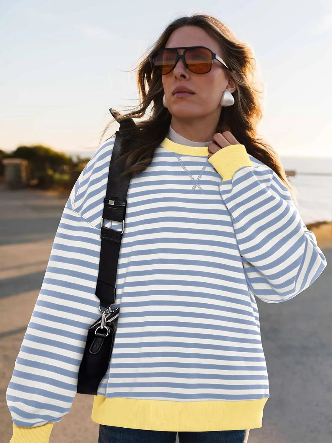 PRETTYGARDEN Womens Striped Oversized Sweatshirt Color Block Crew Neck Long Sleeve Casual Loose Pullover Top Y2K Clothes