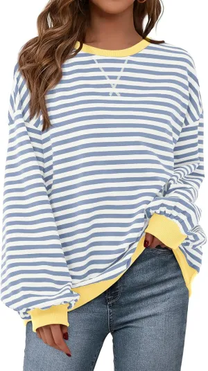 PRETTYGARDEN Womens Striped Oversized Sweatshirt Color Block Crew Neck Long Sleeve Casual Loose Pullover Top Y2K Clothes