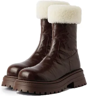 Raw Edge Short Snow Boots, Thick Low Heel Mid Calf Boots Waterproof and Non Slip Women's Autumn and Winter Boots Patent Leather Pleated Casual Fashion Boots