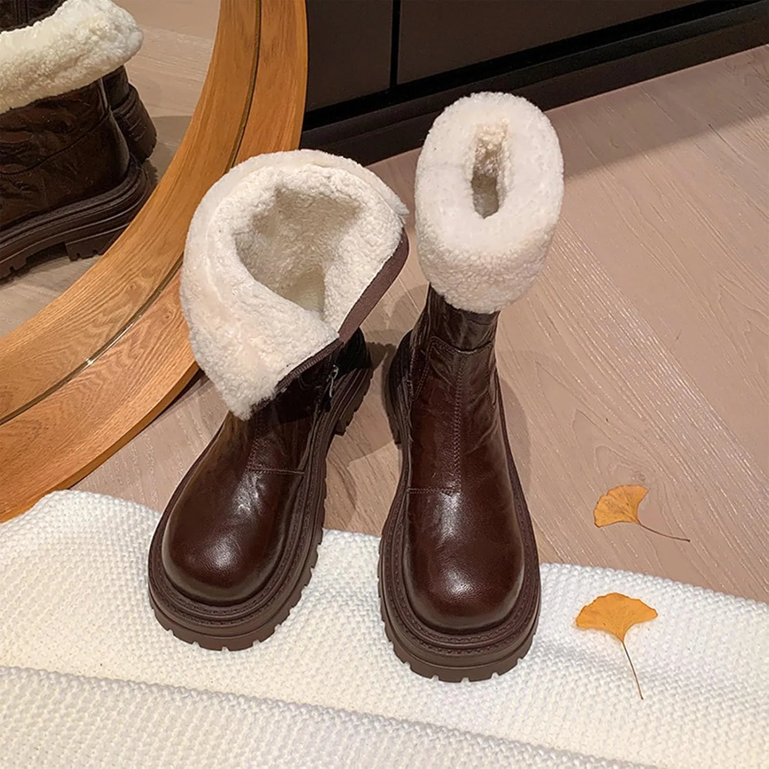 Raw Edge Short Snow Boots, Thick Low Heel Mid Calf Boots Waterproof and Non Slip Women's Autumn and Winter Boots Patent Leather Pleated Casual Fashion Boots