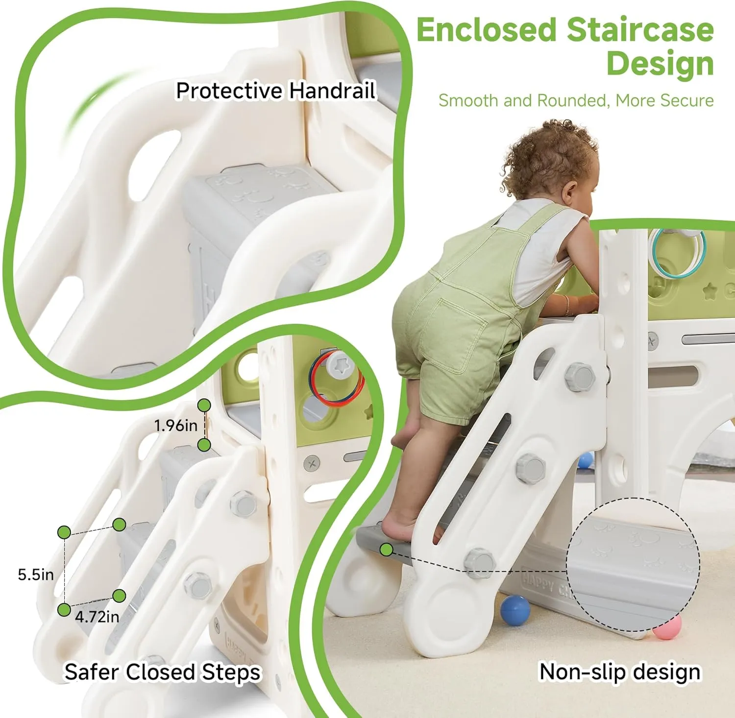Real Relax Toddler Slide, 10 in 1 Kid Slide Playset for Toddlers 1-3, Indoor Playground for Kids 1-3, with Bus-Theme Playhouse, Rings Toss, Basketball Hoop, Toddler Slide Outdoor Playset, Green