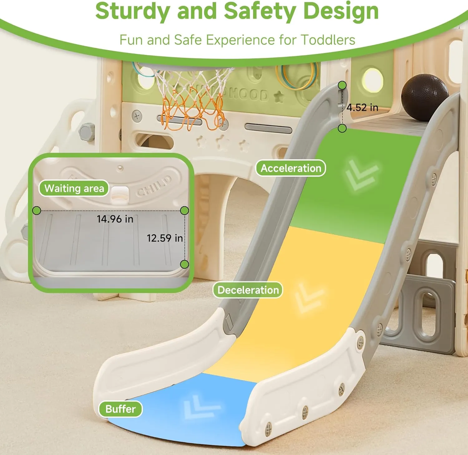 Real Relax Toddler Slide, 10 in 1 Kid Slide Playset for Toddlers 1-3, Indoor Playground for Kids 1-3, with Bus-Theme Playhouse, Rings Toss, Basketball Hoop, Toddler Slide Outdoor Playset, Green