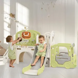 Real Relax Toddler Slide, 10 in 1 Kid Slide Playset for Toddlers 1-3, Indoor Playground for Kids 1-3, with Bus-Theme Playhouse, Rings Toss, Basketball Hoop, Toddler Slide Outdoor Playset, Green