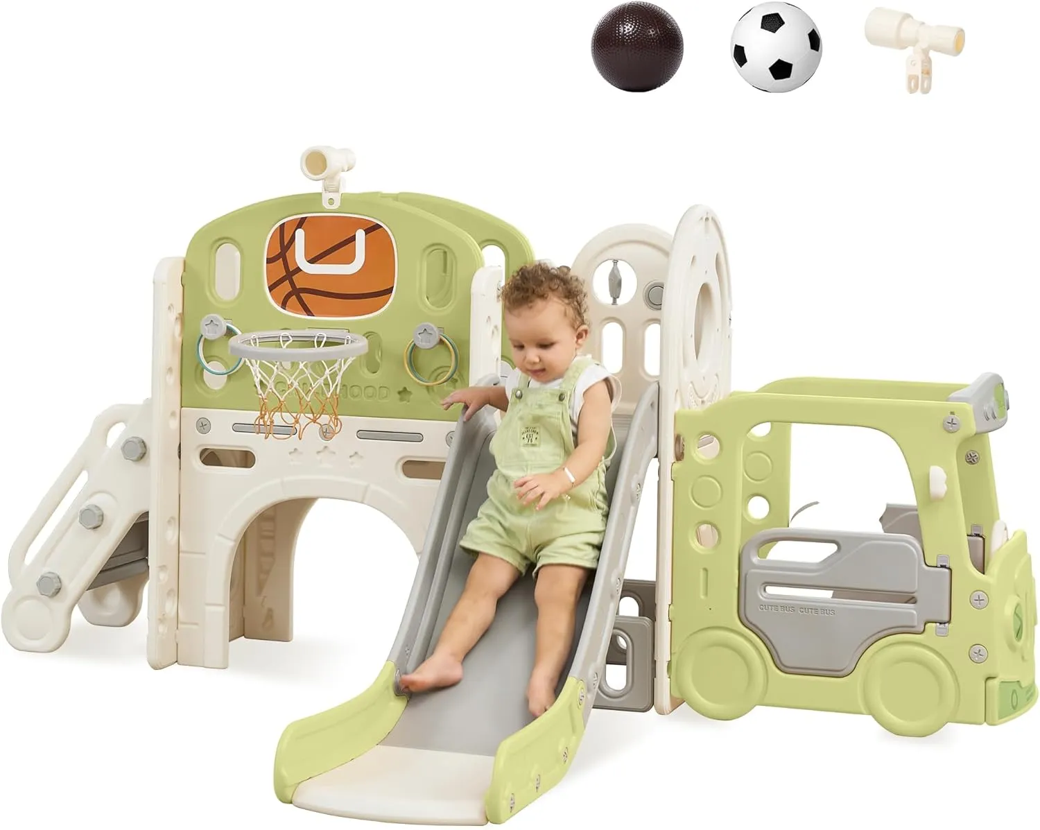 Real Relax Toddler Slide, 10 in 1 Kid Slide Playset for Toddlers 1-3, Indoor Playground for Kids 1-3, with Bus-Theme Playhouse, Rings Toss, Basketball Hoop, Toddler Slide Outdoor Playset, Green