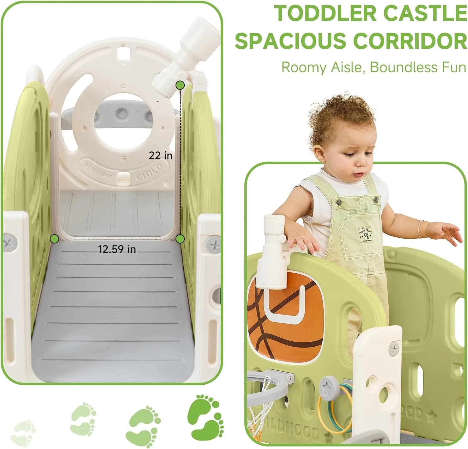 Real Relax Toddler Slide, 10 in 1 Kid Slide Playset for Toddlers 1-3, Indoor Playground for Kids 1-3, with Bus-Theme Playhouse, Rings Toss, Basketball Hoop, Toddler Slide Outdoor Playset, Green