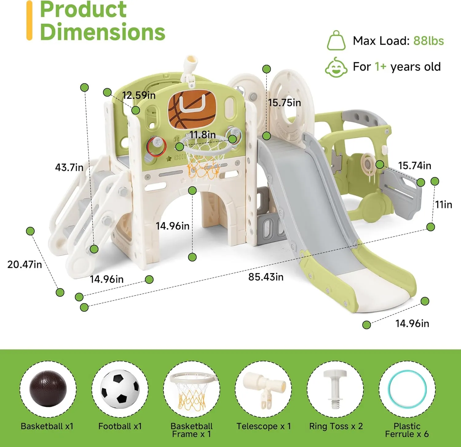 Real Relax Toddler Slide, 10 in 1 Kid Slide Playset for Toddlers 1-3, Indoor Playground for Kids 1-3, with Bus-Theme Playhouse, Rings Toss, Basketball Hoop, Toddler Slide Outdoor Playset, Green
