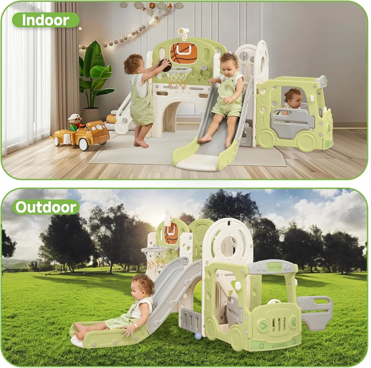 Real Relax Toddler Slide, 10 in 1 Kid Slide Playset for Toddlers 1-3, Indoor Playground for Kids 1-3, with Bus-Theme Playhouse, Rings Toss, Basketball Hoop, Toddler Slide Outdoor Playset, Green