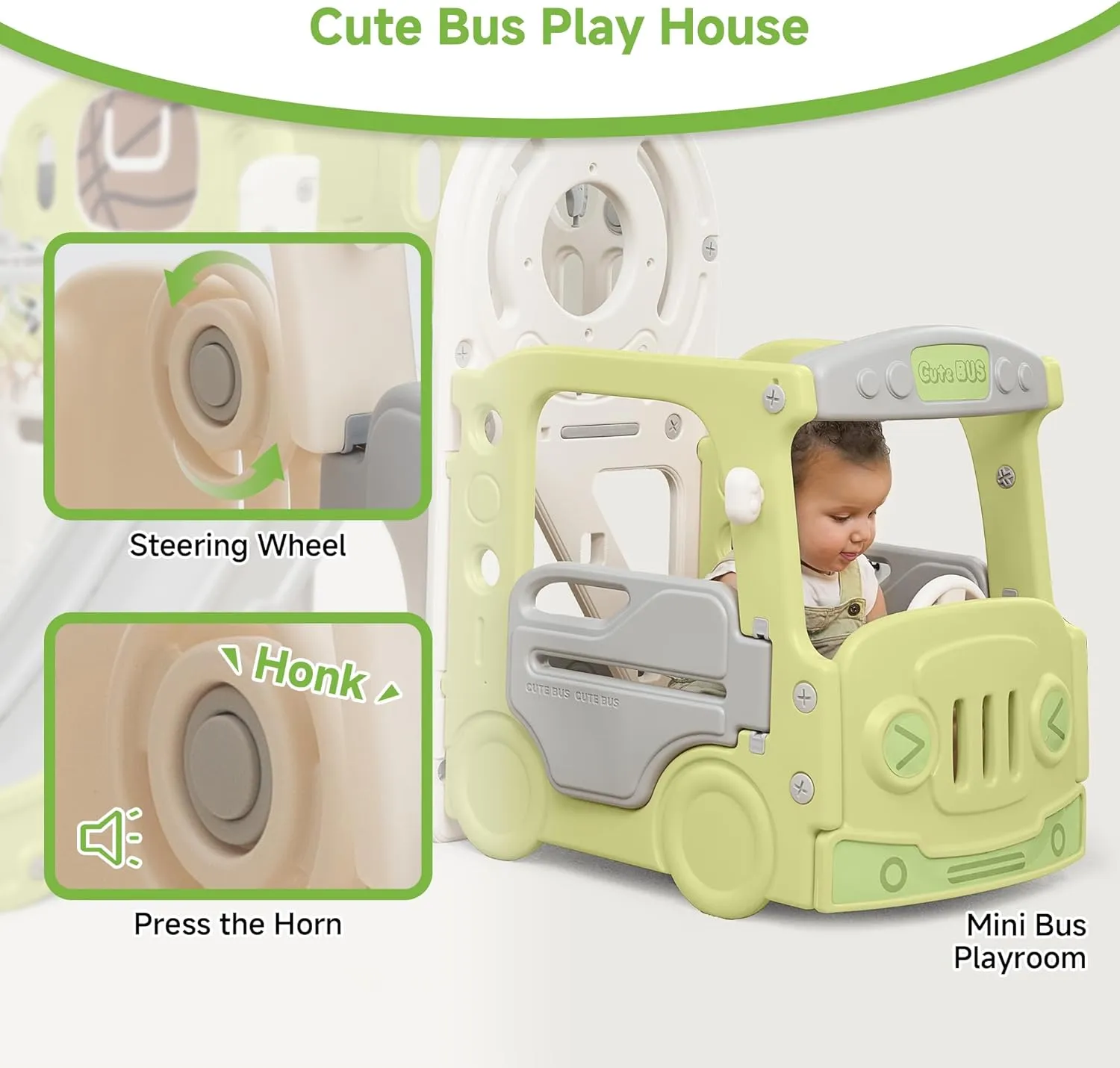 Real Relax Toddler Slide, 10 in 1 Kid Slide Playset for Toddlers 1-3, Indoor Playground for Kids 1-3, with Bus-Theme Playhouse, Rings Toss, Basketball Hoop, Toddler Slide Outdoor Playset, Green