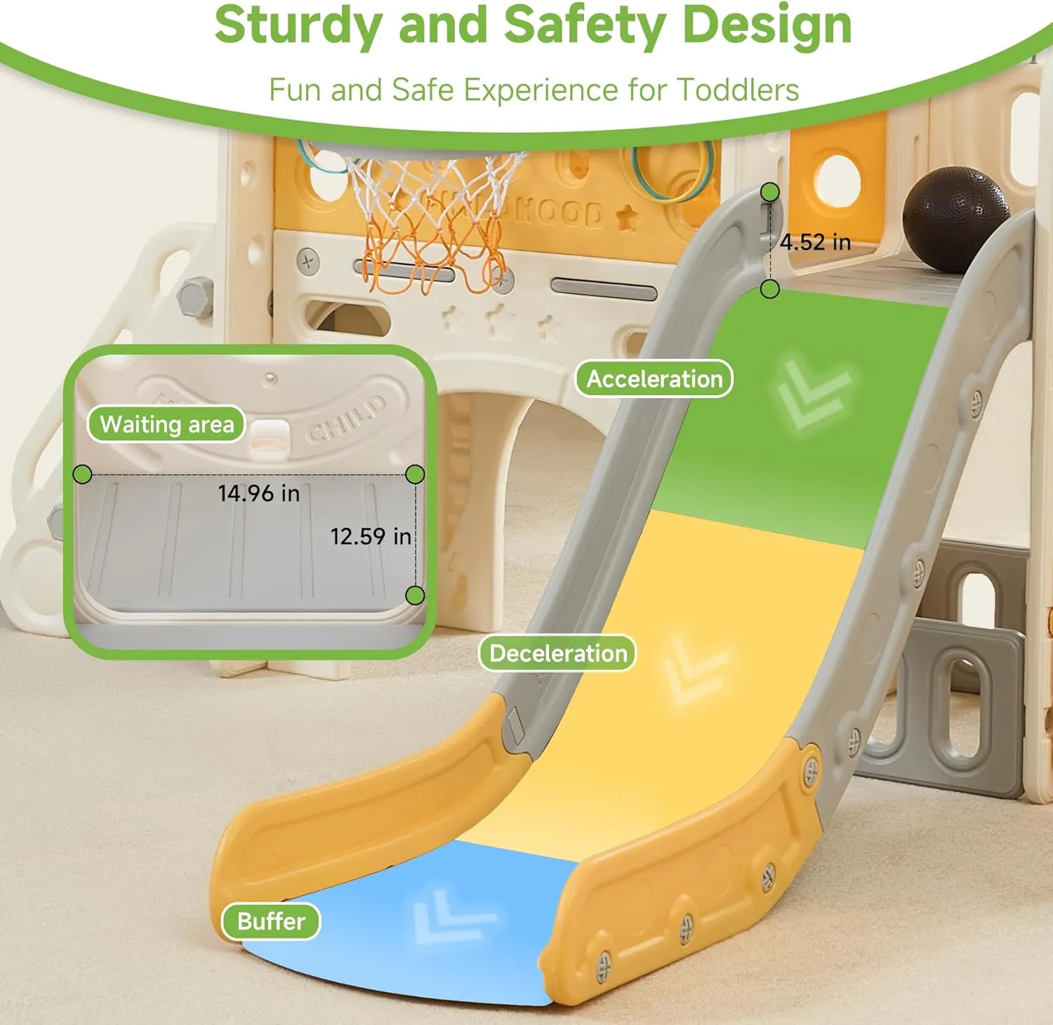 Real Relax Toddler Slide Set, 10 in 1 Kids Slide Outdoor Playset for Toddlers 1-3, Baby Climber Slides Indoor Playground with Bus Playhouse, Basketball Hoop, Rings Toss, Soccer, Yellow