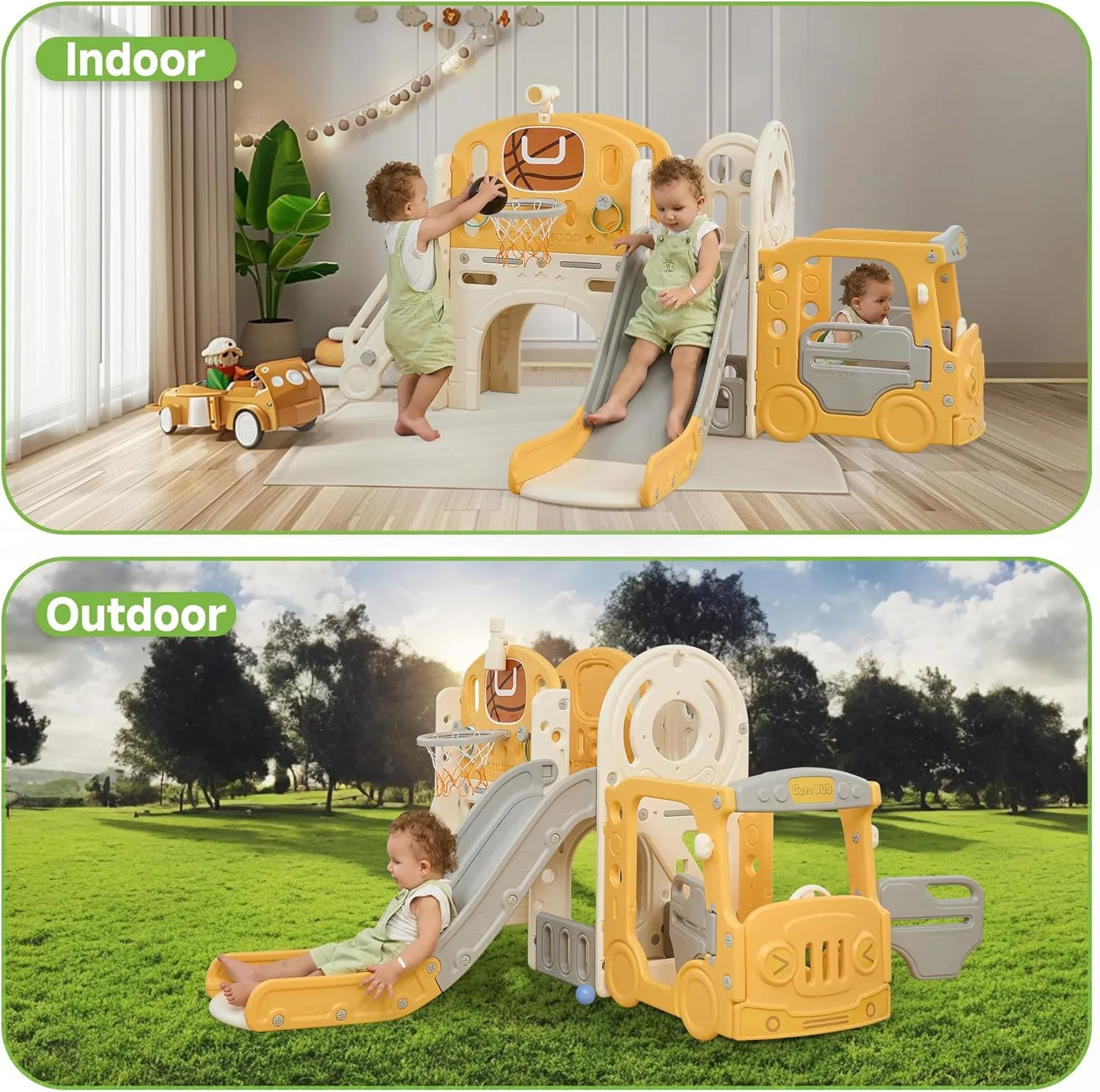 Real Relax Toddler Slide Set, 10 in 1 Kids Slide Outdoor Playset for Toddlers 1-3, Baby Climber Slides Indoor Playground with Bus Playhouse, Basketball Hoop, Rings Toss, Soccer, Yellow