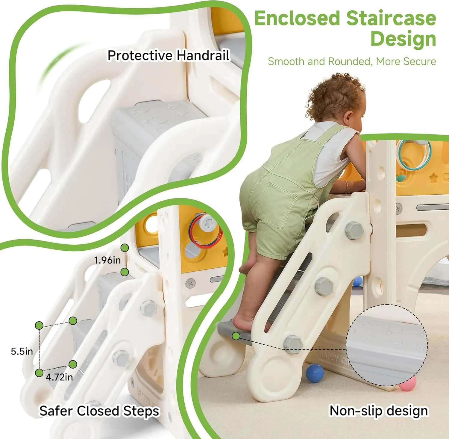 Real Relax Toddler Slide Set, 10 in 1 Kids Slide Outdoor Playset for Toddlers 1-3, Baby Climber Slides Indoor Playground with Bus Playhouse, Basketball Hoop, Rings Toss, Soccer, Yellow