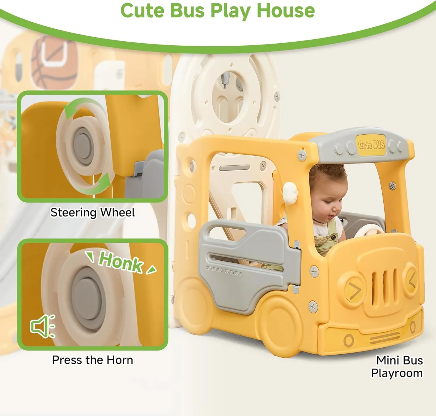 Real Relax Toddler Slide Set, 10 in 1 Kids Slide Outdoor Playset for Toddlers 1-3, Baby Climber Slides Indoor Playground with Bus Playhouse, Basketball Hoop, Rings Toss, Soccer, Yellow