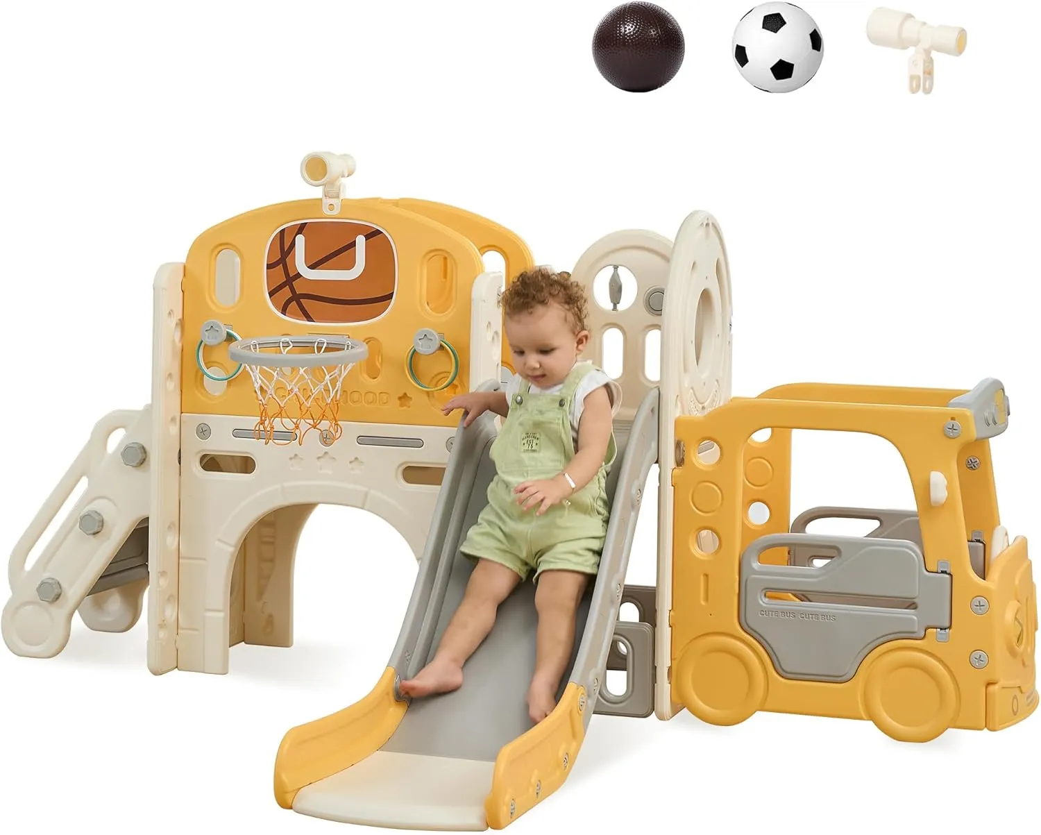 Real Relax Toddler Slide Set, 10 in 1 Kids Slide Outdoor Playset for Toddlers 1-3, Baby Climber Slides Indoor Playground with Bus Playhouse, Basketball Hoop, Rings Toss, Soccer, Yellow