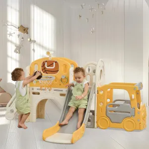 Real Relax Toddler Slide Set, 10 in 1 Kids Slide Outdoor Playset for Toddlers 1-3, Baby Climber Slides Indoor Playground with Bus Playhouse, Basketball Hoop, Rings Toss, Soccer, Yellow