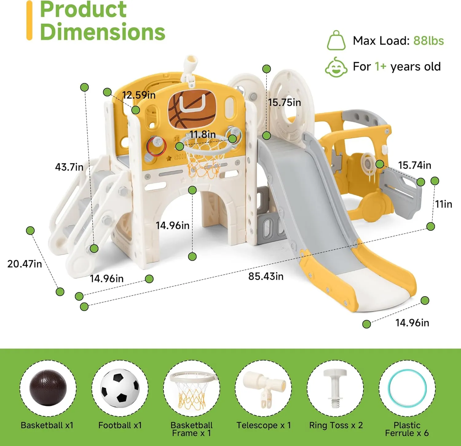 Real Relax Toddler Slide Set, 10 in 1 Kids Slide Outdoor Playset for Toddlers 1-3, Baby Climber Slides Indoor Playground with Bus Playhouse, Basketball Hoop, Rings Toss, Soccer, Yellow