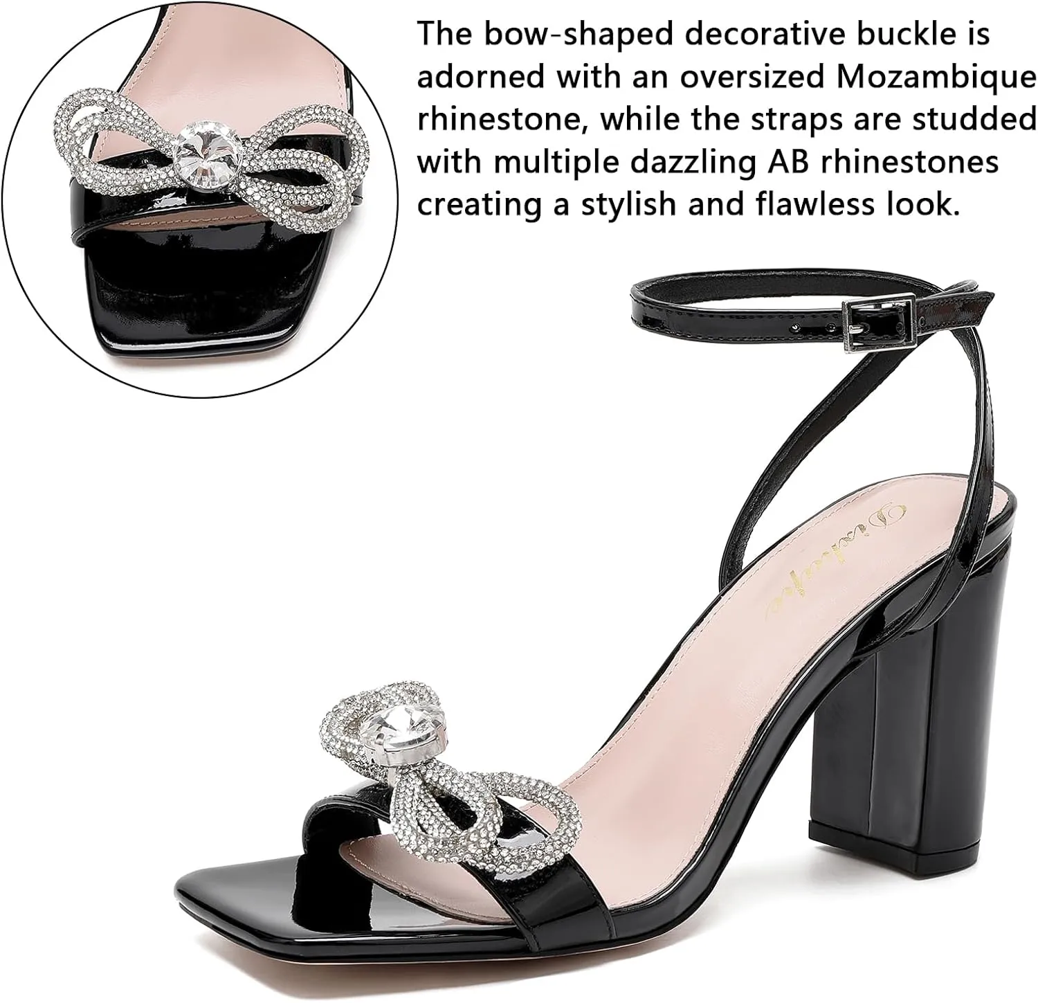 Rhinestone Heels for Women - Sparkling Bow Sandals Slingback Square Toe Chunky Block Heels for Party Wedding
