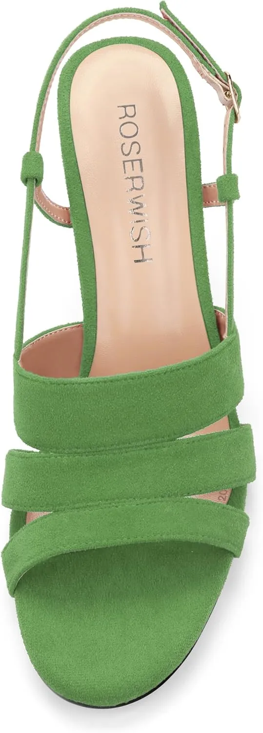 ROSERWISH Women's Strappy Low Kitten Heel Open Square Toe Slingback Suede Heeled Sandals Party Dress Wedding Dance Shoes