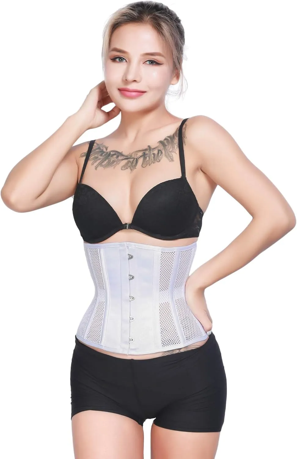 RZY Women's Petite 12 Steel Boned Heavy Duty Waist Trainer Underbust Corset Short Torso Mesh Body Shaper (Grid Style)