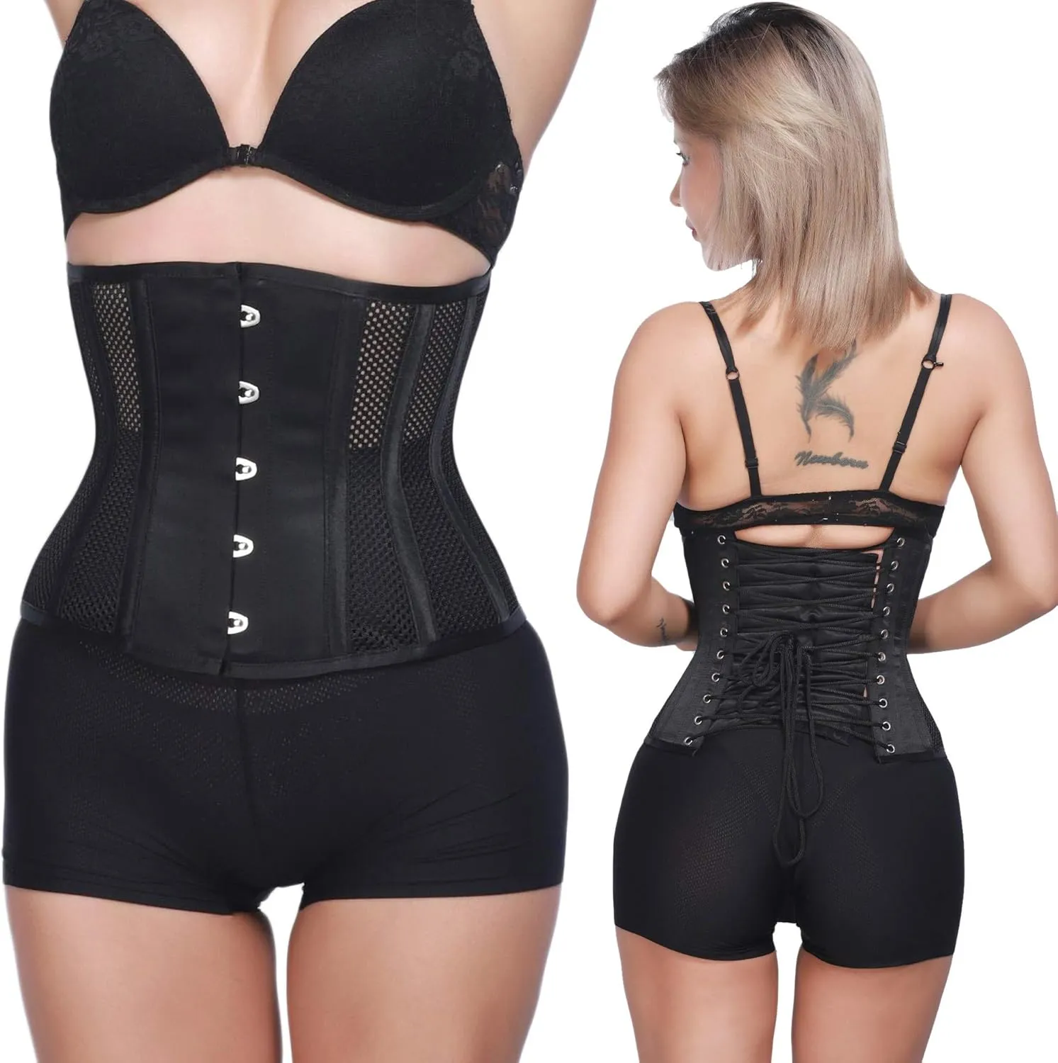 RZY Women's Petite 12 Steel Boned Heavy Duty Waist Trainer Underbust Corset Short Torso Mesh Body Shaper (Grid Style)