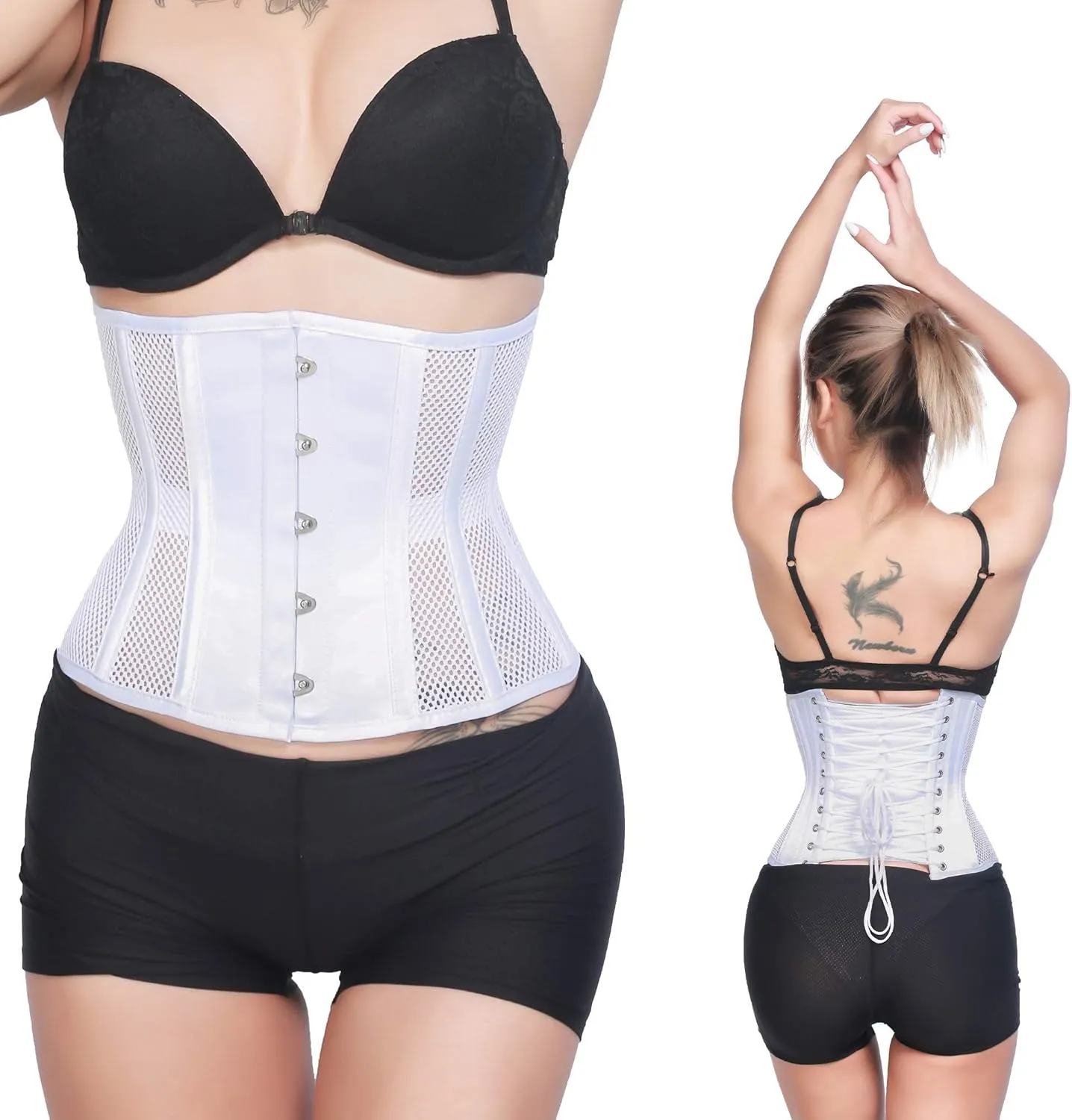 RZY Women's Petite 12 Steel Boned Heavy Duty Waist Trainer Underbust Corset Short Torso Mesh Body Shaper (Grid Style)