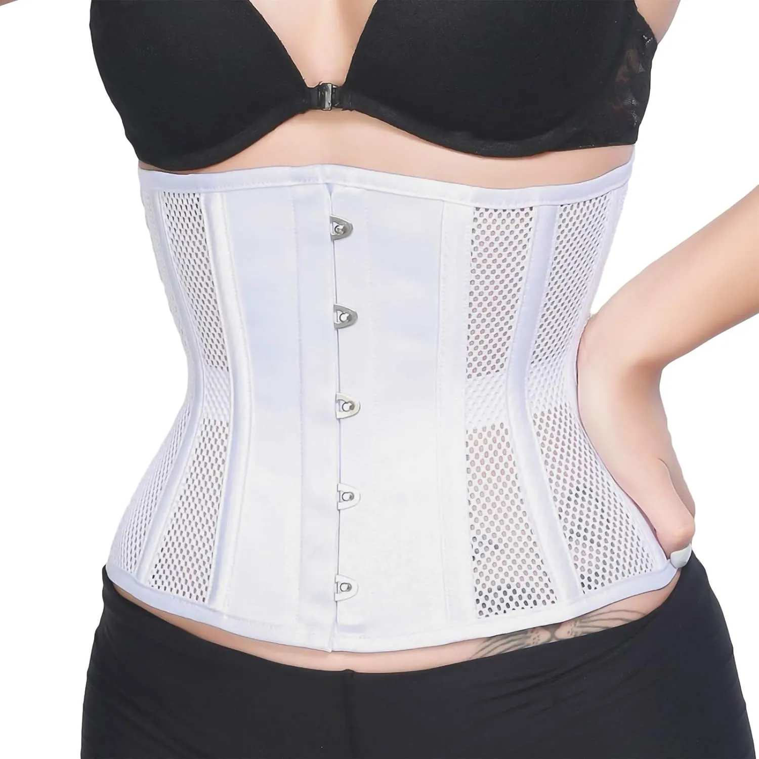 RZY Women's Petite 12 Steel Boned Heavy Duty Waist Trainer Underbust Corset Short Torso Mesh Body Shaper (Grid Style)
