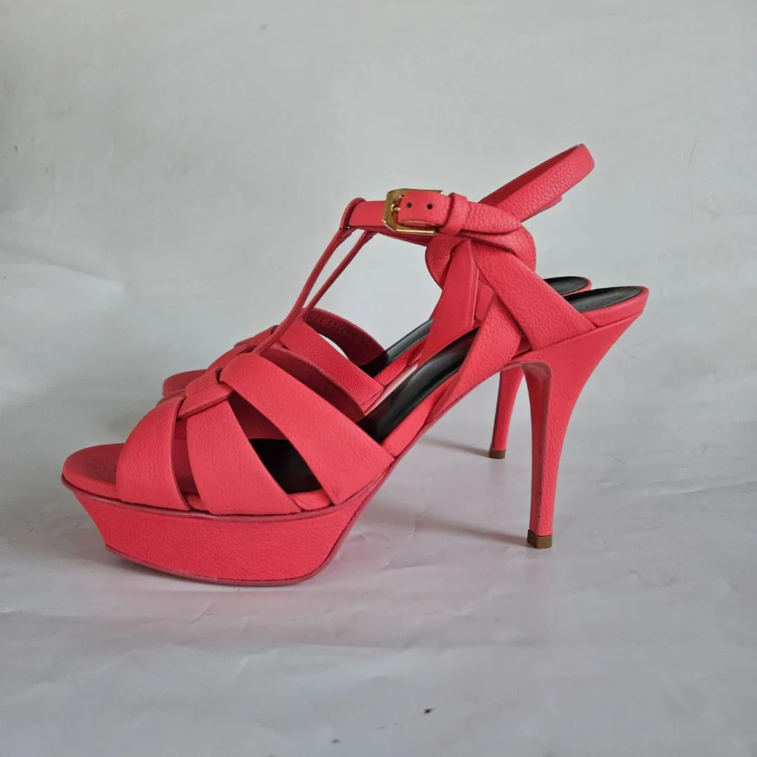 Saint Laurent pink textured leather tribute sandal heels, 39