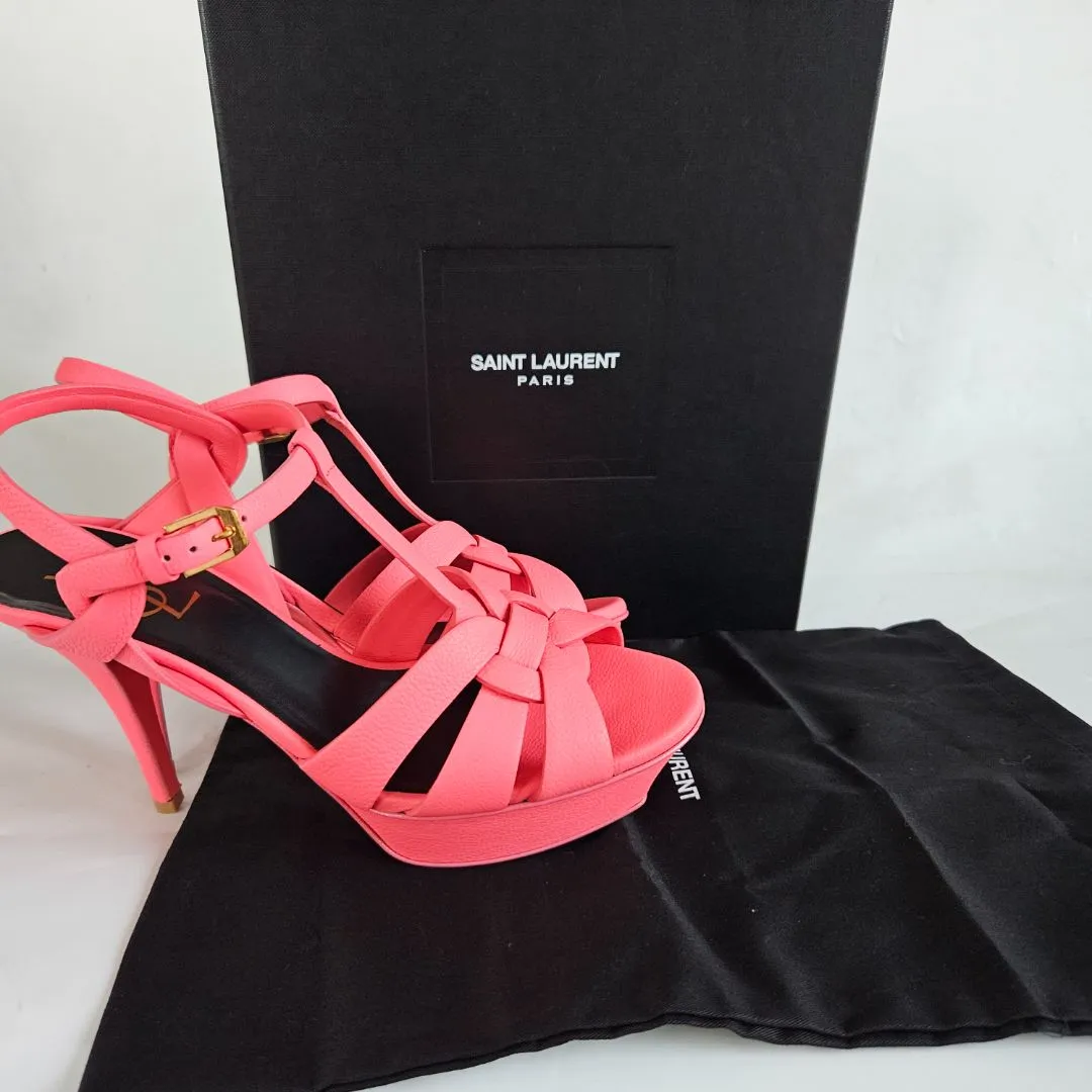 Saint Laurent pink textured leather tribute sandal heels, 39