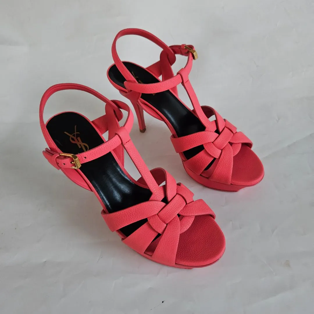 Saint Laurent pink textured leather tribute sandal heels, 39